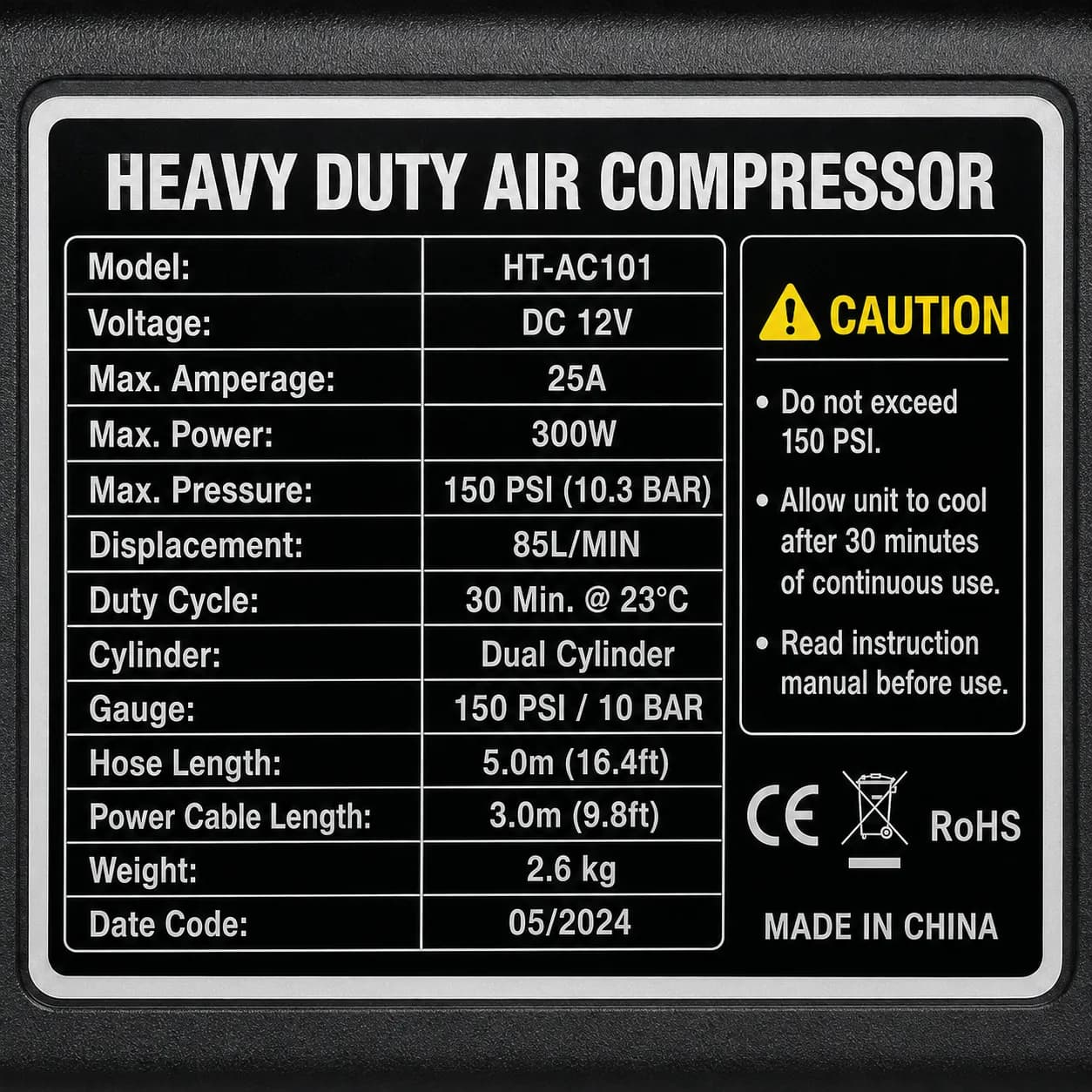Dual Cylinder Car Air Compressor 12V, 150 PSI thumbnail 2