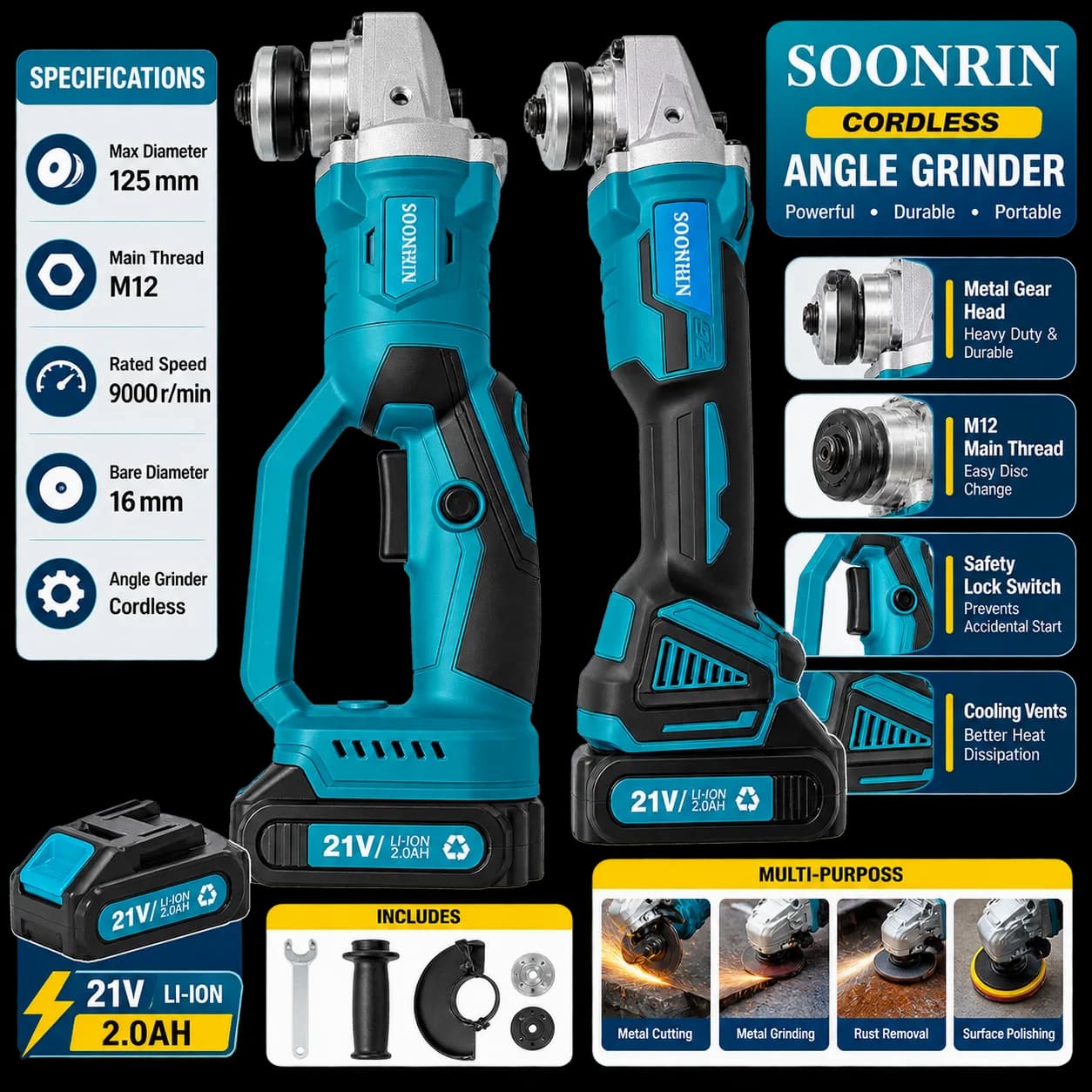 SOONRIN Cordless Angle Grinder 21V, 125mm thumbnail 2