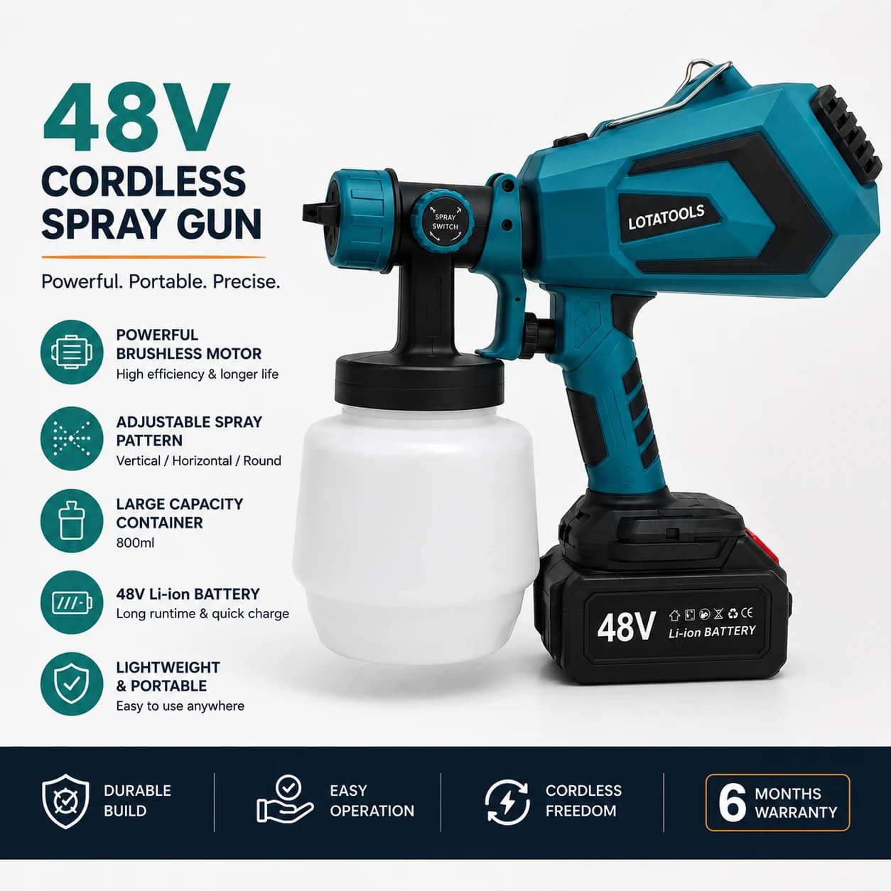 LOTATOOLS 48V Cordless Spray Gun - Brushless, 800ml, Adjustable Spray Pattern thumbnail 2