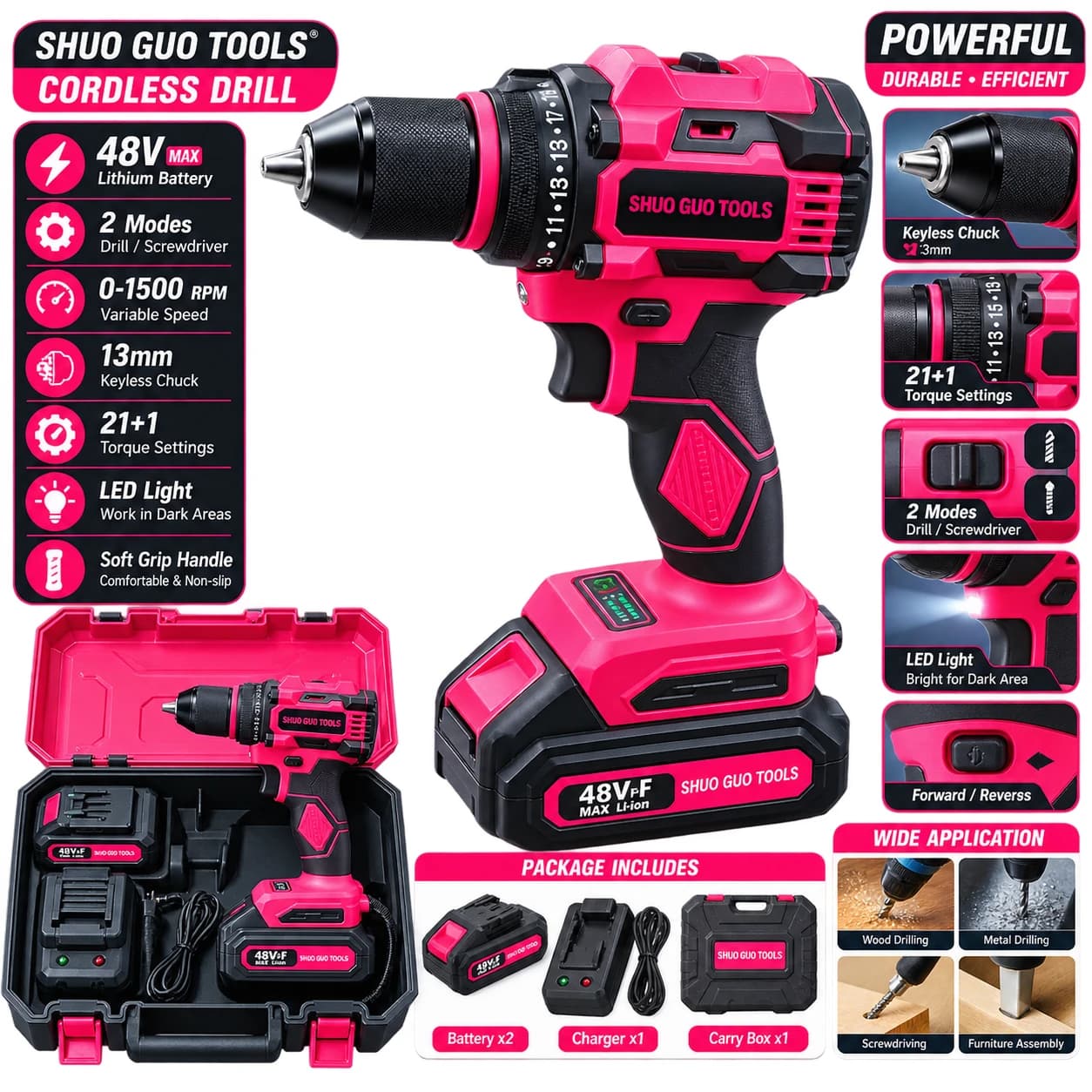 SHUO GUO TOOLS 48V MAX Cordless Drill Kit - 13mm, 21+1, 2 Batteries thumbnail 2